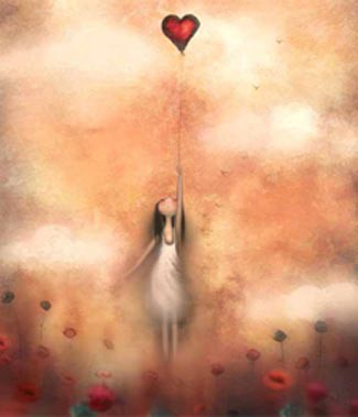 Woman in a dress being serenely pulled aloft by a heart shaped balloon