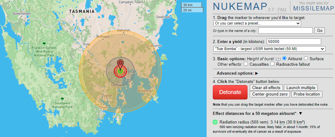 Image of the nuke map app, with the blast centre on Tasmania