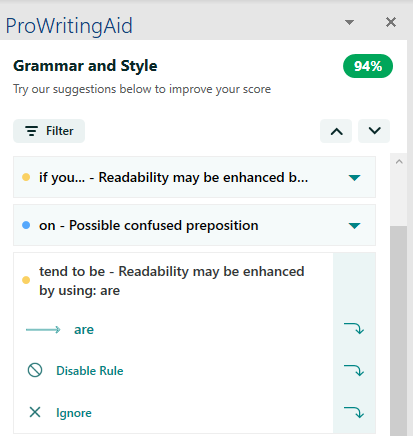 Prowriting aid gives a number of grammar and style suggestions inc readability, confused preposition etc